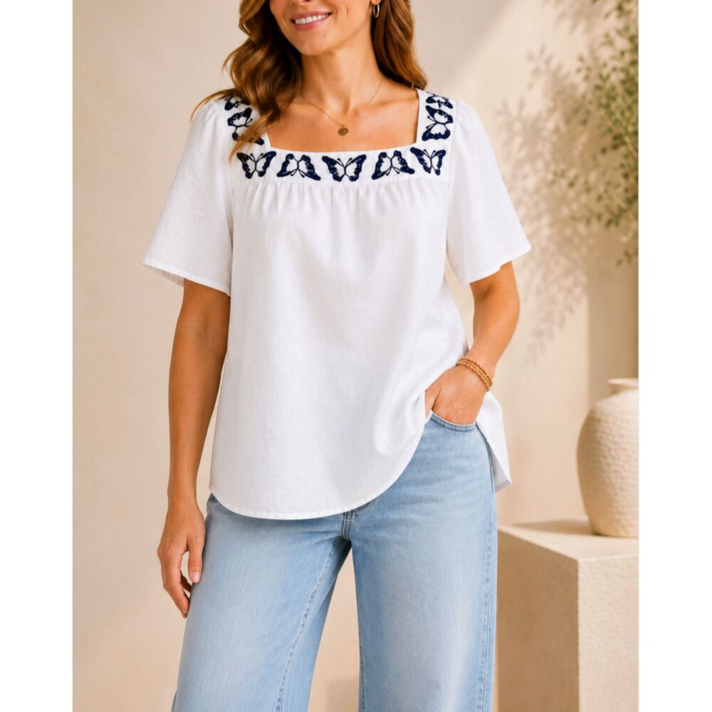 Talbots Linen Cotton Tunic Top Navy Butterfly Embroidered Coastal Boho XL